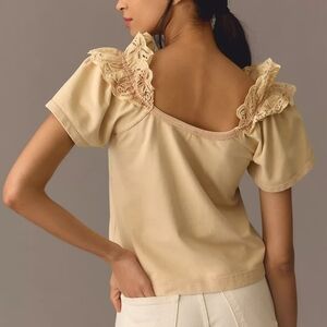 Pilcro Anthropologie Beige Eyelet Ruffle Sleeve Peasant Top Cotton Boho Blouse M
